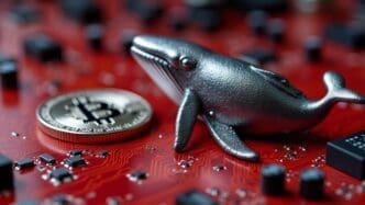 A digital rendering depicts a whale composed of Bitcoin symbols superimposed over a circuit board.