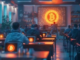 A promotional photo shows a Bitcoin workshop with instructors teaching skills in front of a trending poster background.
