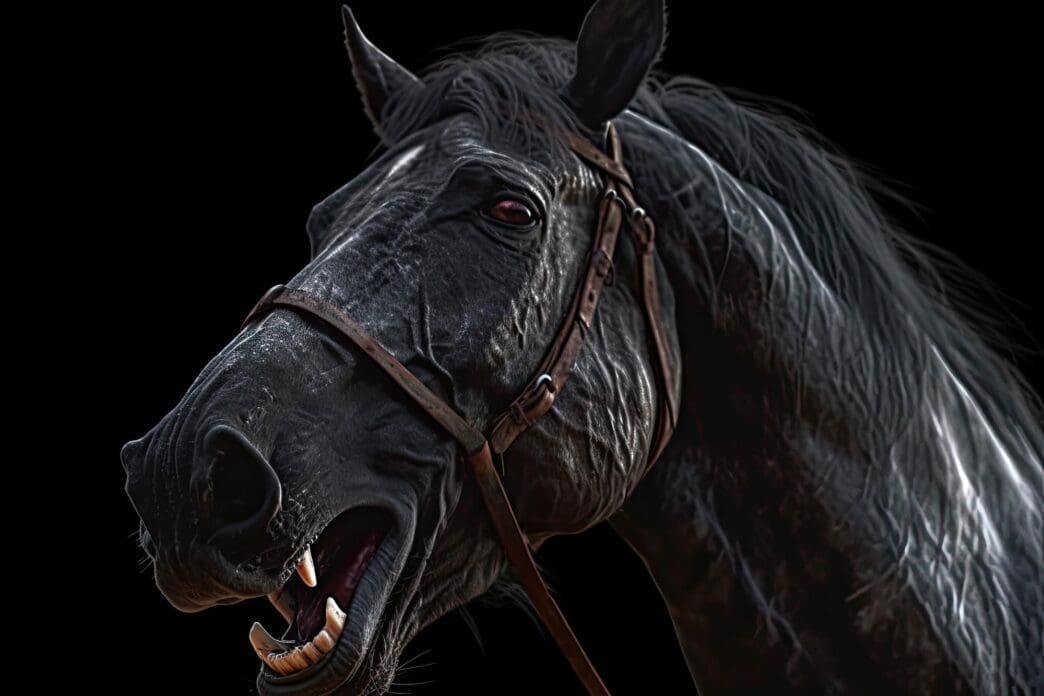 A black horse wearing a bridle.
