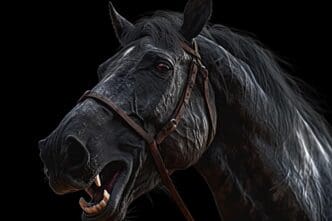A black horse wearing a bridle.