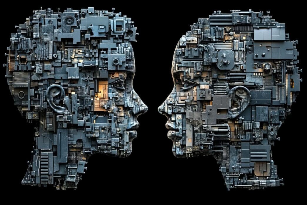 Digital illustration of two human heads, each formed from circuit boards, merging to depict fusion.