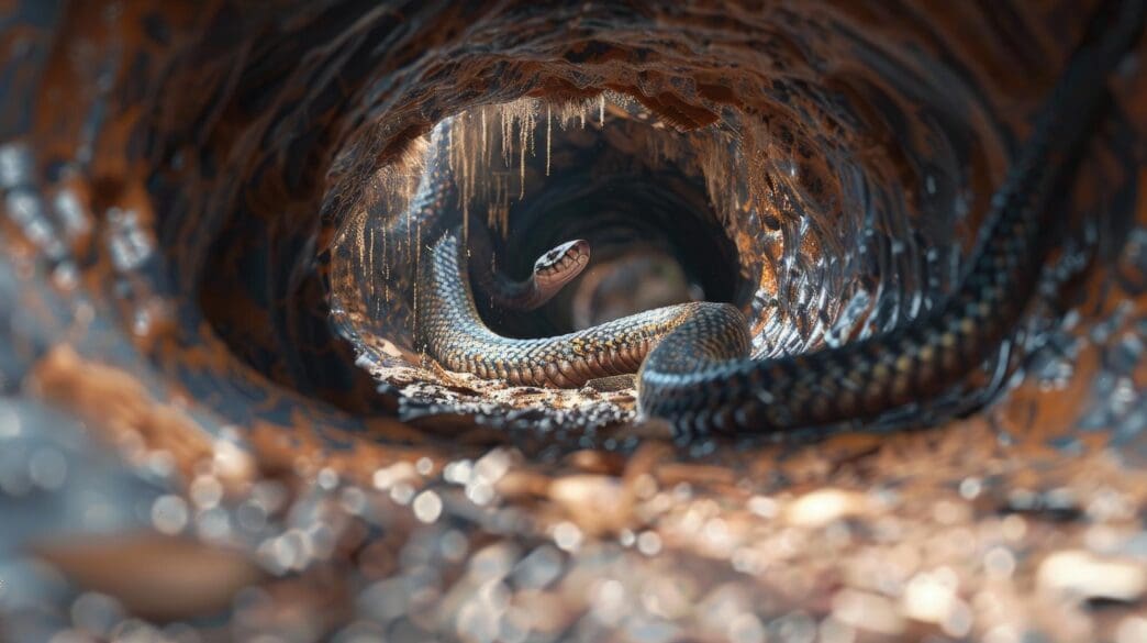 A slender, brown blind snake is burrowed in the soil of an underground tunnel.