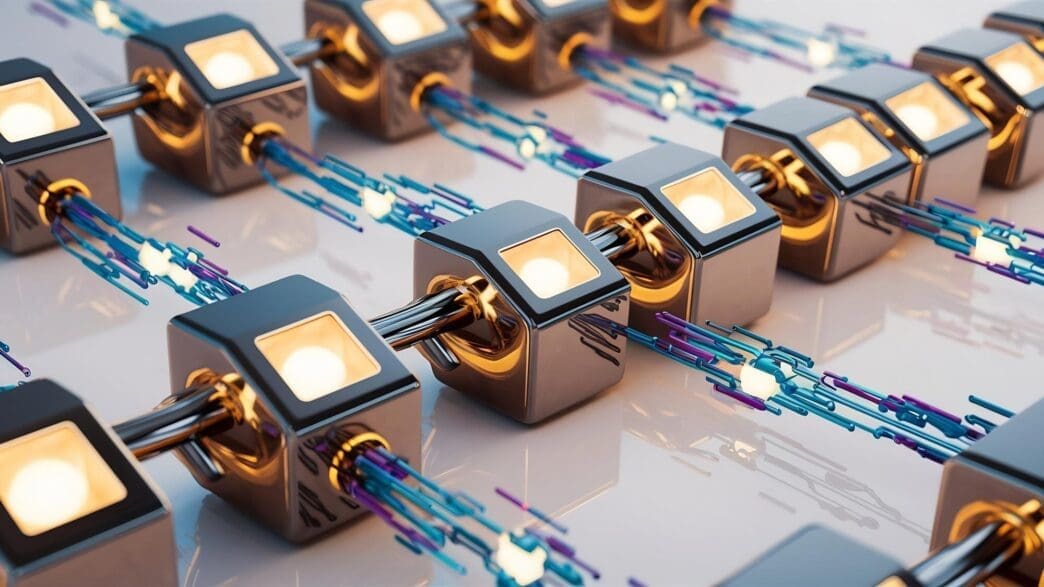 Network of interconnected blockchain blocks representing a blockchain network.