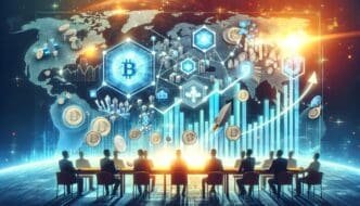 An advertisement features a financial chart with blockchain elements, symbolizing a breakthrough.