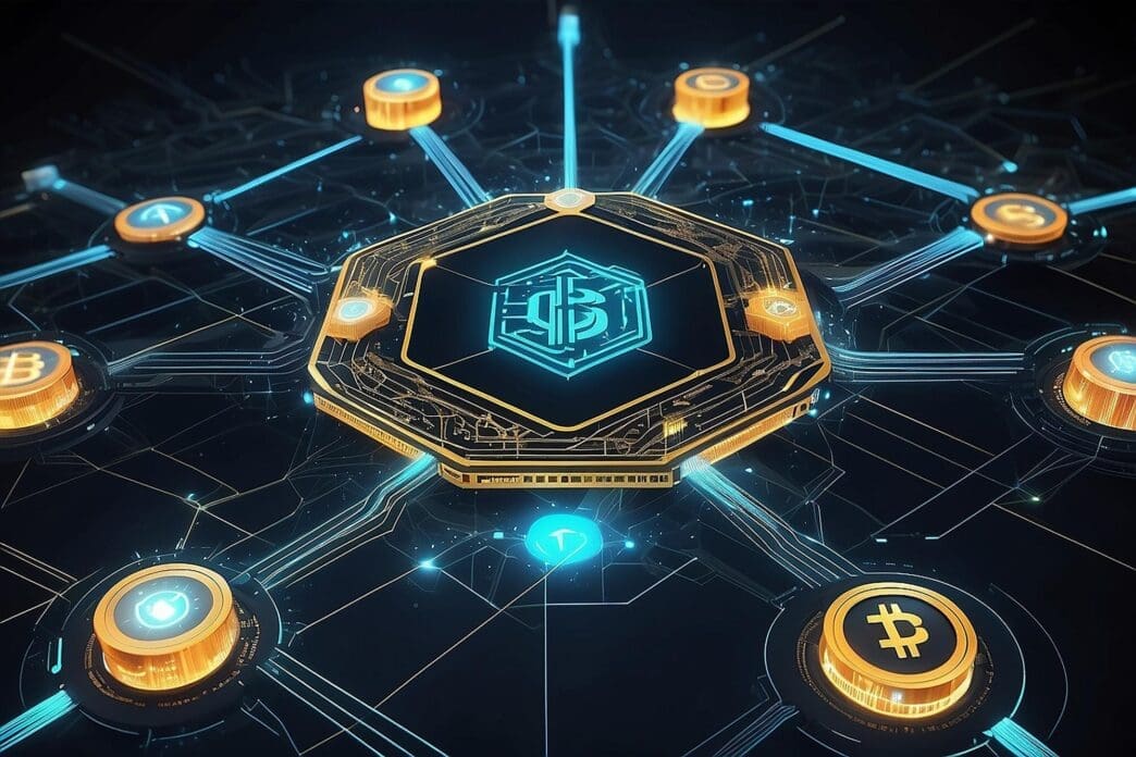 A visual representation of a blockchain network, likely depicting interconnected blocks and nodes.
