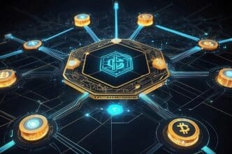 A visual representation of a blockchain network, likely depicting interconnected blocks and nodes.