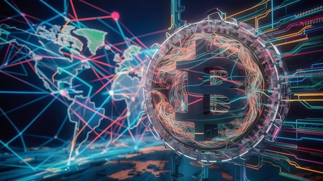 A network of interconnected nodes representing blockchain technology.