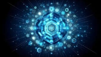 Blue neon hexagonal pattern forming an abstract background.