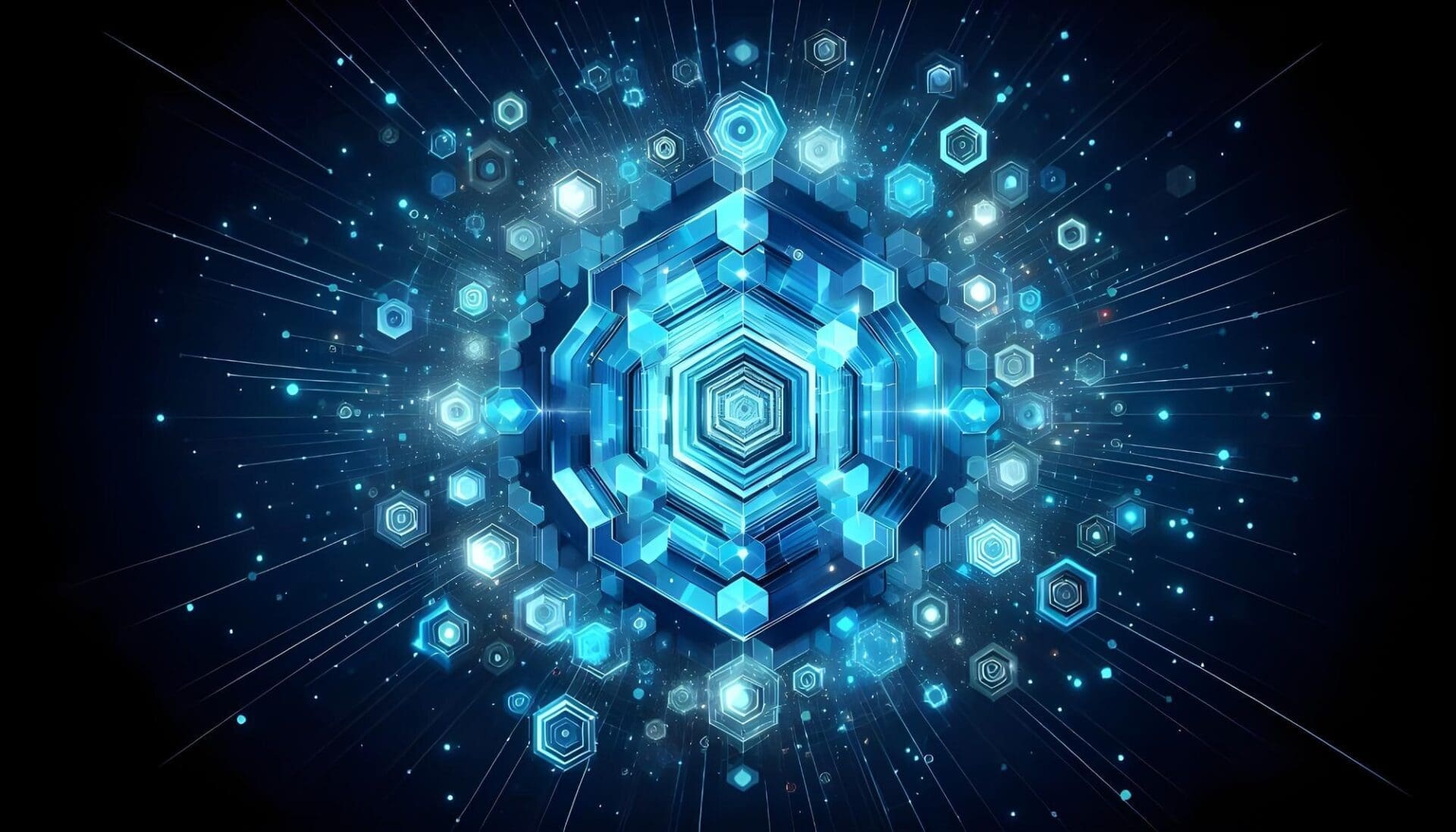 Blue neon hexagonal pattern forming an abstract background.