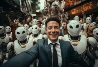 A boss takes a selfie with a smiling human employee and a robot, representing future workplace collaboration.