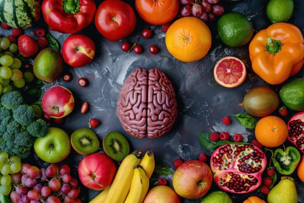 A colorful assortment of fresh fruits represents a balanced diet, emphasizing brain health and cognitive function.