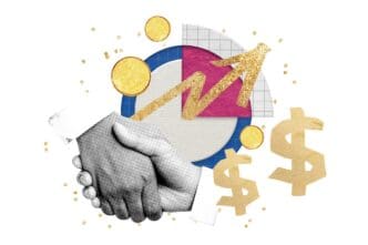 A transparent PNG sticker depicts two people in suits shaking hands, symbolizing a business partnership.