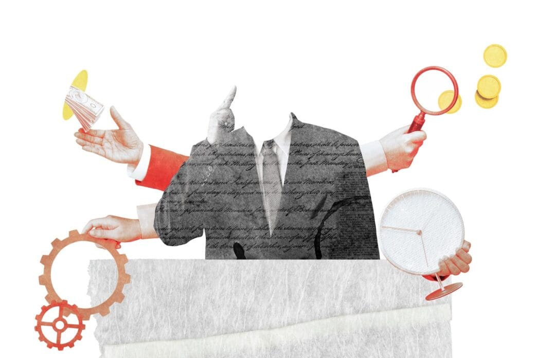 A cartoon-style sticker depicts a business manager with a friendly expression.