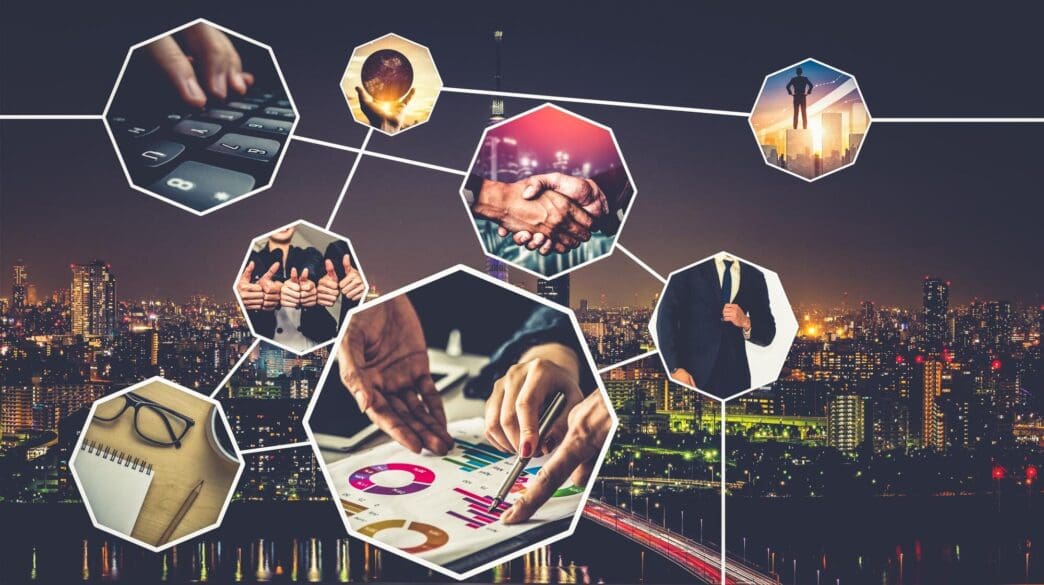 Web banner graphic depicting a business network with interconnected nodes symbolizing management and growth.