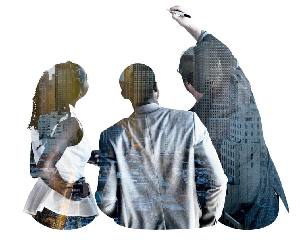 A transparent sticker depicts a group of business people brainstorming.