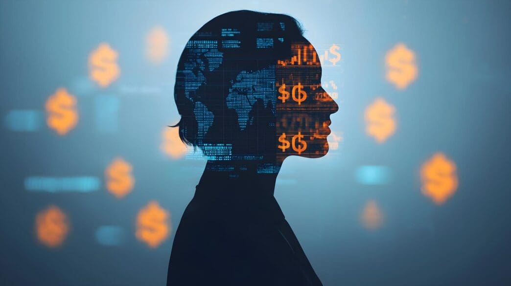 Silhouette of a businessman standing with arms outstretched, superimposed over a glowing globe.