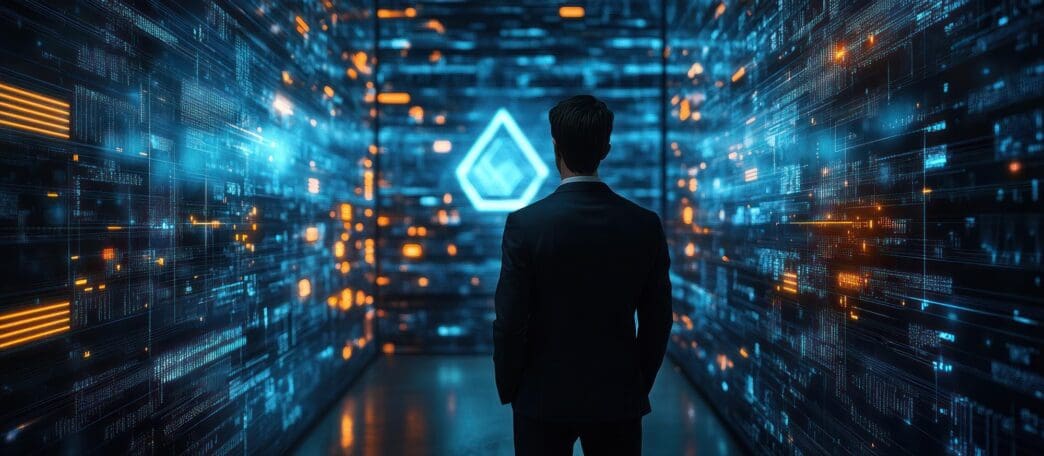 A businessman stands in a futuristic server room, looking at a glowing digital symbol surrounded by rows of data and code on the walls.