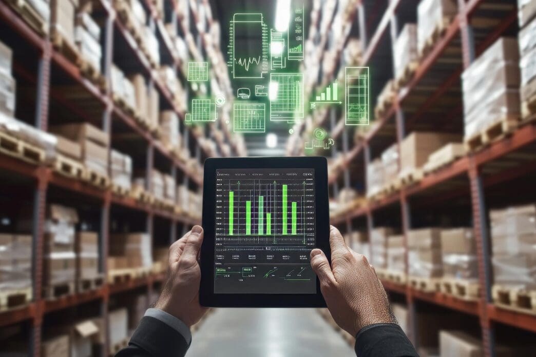 A businessman uses a digital tablet to display a warehouse management system with data visualizations.