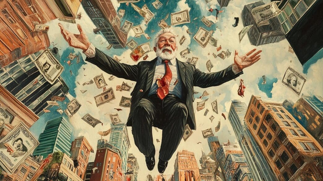 Illustration of a stylized, abstract cityscape representing capitalism, possibly with symbols like money or buildings.