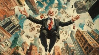 Illustration of a stylized, abstract cityscape representing capitalism, possibly with symbols like money or buildings.