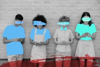 A person scrolls on a phone, with an overlay suggesting the activity impacts mood and mental state.