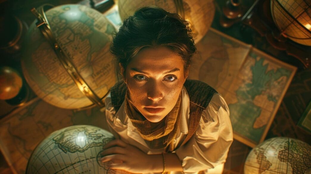 A cartographer works in a workshop, possibly mapping the world.