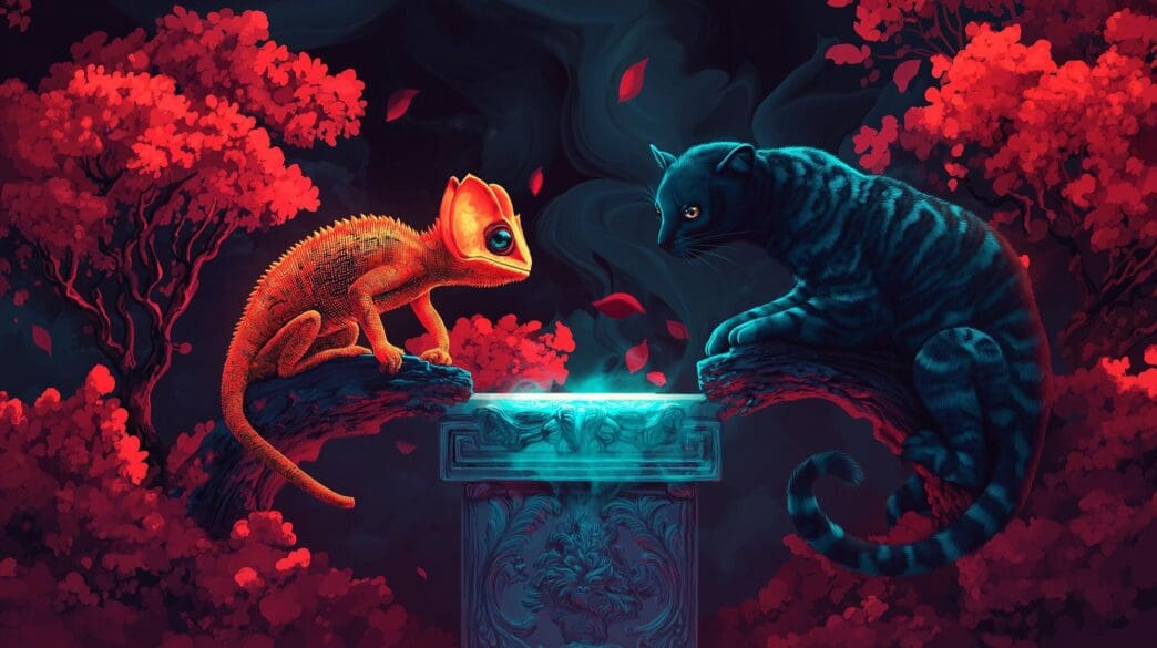 Cartoon frog and lizard stand beside a cartoon dragon.