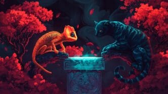 Cartoon frog and lizard stand beside a cartoon dragon.