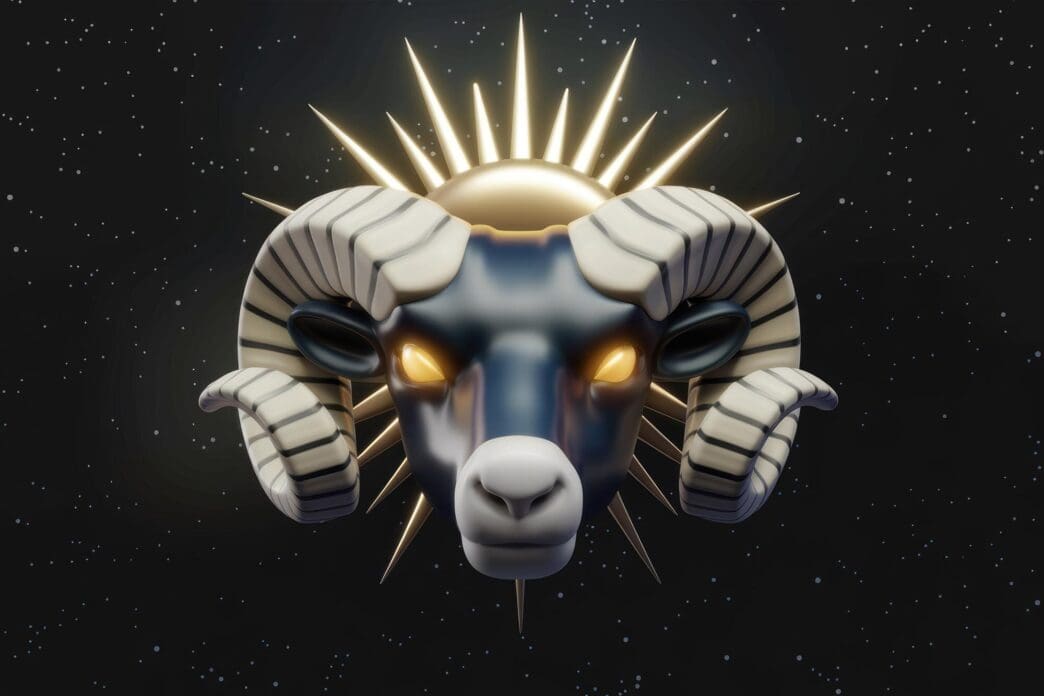 A celestial ram, bathed in the soft glow of cosmic dawn, is illuminated against a backdrop of stars and nebulas.