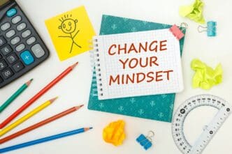 A notepad with the words "CHANGE YOUR MINDSET" is displayed on an office desk alongside office accessories.