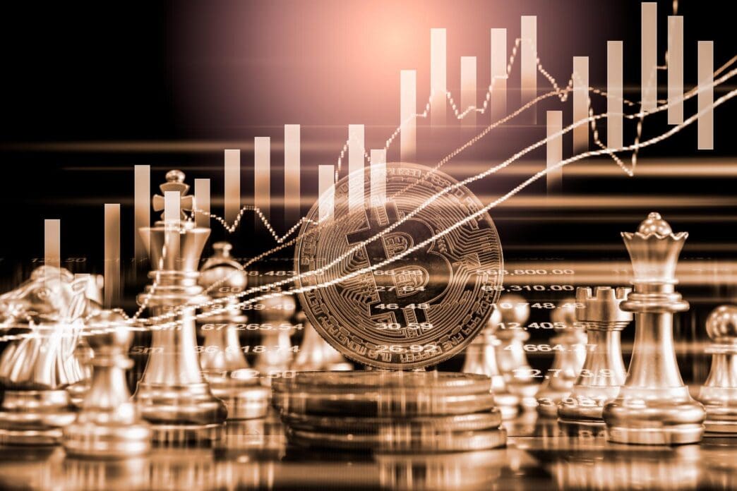 Chess pieces on a chessboard are superimposed over a stock market graph, representing financial investment strategy.
