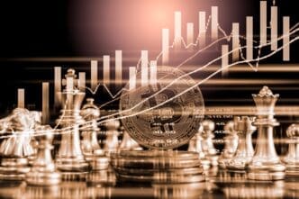 Chess pieces on a chessboard are superimposed over a stock market graph, representing financial investment strategy.
