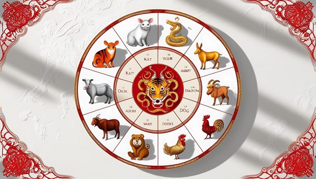 A circular illustration depicts the twelve animal signs of the Chinese zodiac, each represented by a different animal figure.