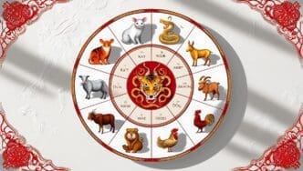 A circular illustration depicts the twelve animal signs of the Chinese zodiac, each represented by a different animal figure.