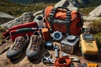 Climbing gear, including a multitool, carabiners, shoes, stove, and first aid kit, is arranged on a wooden surface with a mountain view in the background.