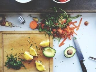 Close-up photo of various foods arranged on a table.