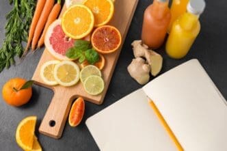 Close-up of various fruit juices and a notebook on a table.