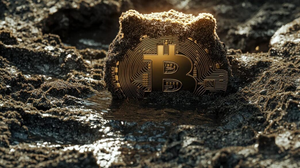 A close-up shows the Bitcoin symbol partially buried in muddy soil, representing the cryptocurrency's volatility.