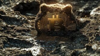 A close-up shows the Bitcoin symbol partially buried in muddy soil, representing the cryptocurrency's volatility.