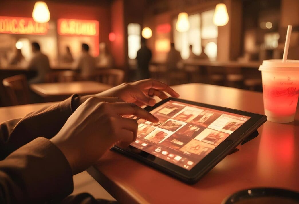 Close-up of fingers scrolling through content on a tablet.
