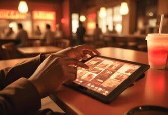 Close-up of fingers scrolling through content on a tablet.