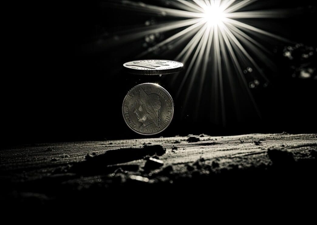 A close-up shot captures a coin suspended in mid-air at the apex of its flip.