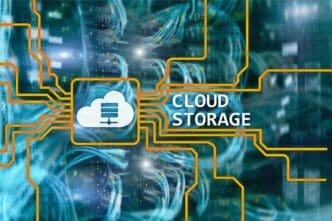 A graphic illustrates cloud data storage with a network of connected servers in a server room.