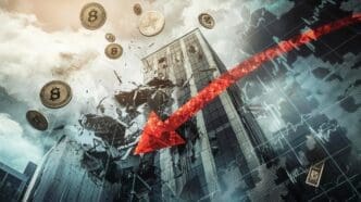A bank building collapses with a downward arrow and financial symbols superimposed.