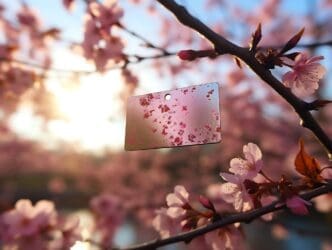 A rectangular metal foil card with a cherry blossom design hangs from a vintage-style hang tag.