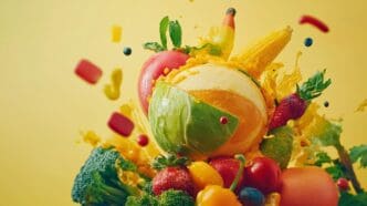 An assortment of vibrant fruits and vegetables is arranged to celebrate World Vegetarian Day.