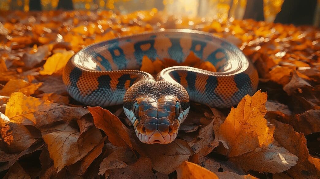 A vibrant snake with colorful patterns rests on a bed of autumn leaves in a natural setting.