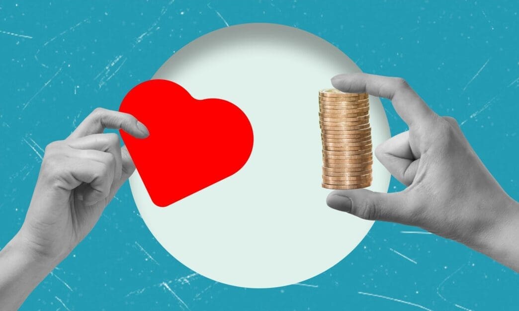 Black and white collage of two hands, one holding money and the other forming a heart shape.