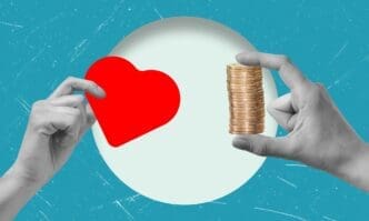 Black and white collage of two hands, one holding money and the other forming a heart shape.
