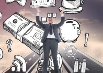 A businessman with his arms raised is depicted in a composite image.